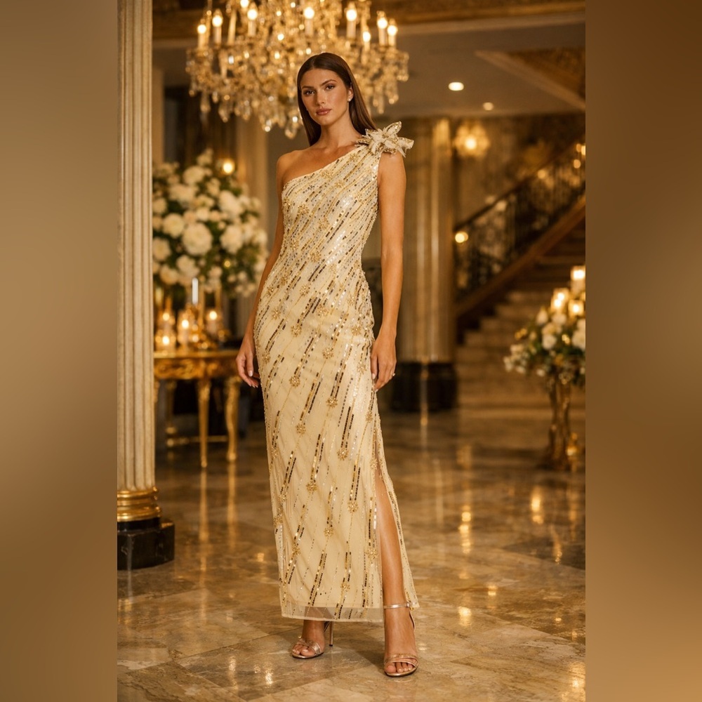 Mac Duggal Cream One Shoulder Embellished Gown